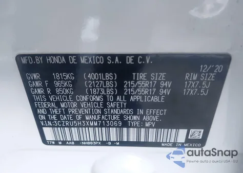 2021 Honda Hr-V 2Wd Lx z USA, uszkodzony, nr VIN 3CZRU5H3XMM713069